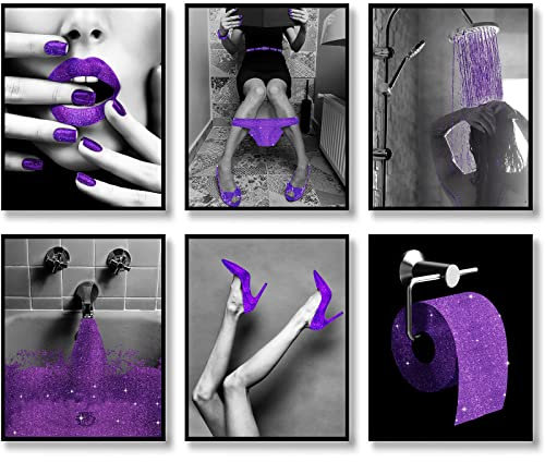 HOGEBIG Fashion Wall Art Badezimmer Wanddekoration Drucke Glam Glitter Tissue Leinwand Poster Fotos Lila Badezimmer Bilder Kunstwerk Schwarz und Weiß Moderne 11x14 Zoll (27.9x35.6cm) Ungerahmt