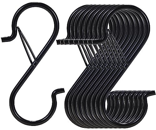 12 ganchos en S para colgar con hebilla de seguridad, ganchos de metal resistente en forma de S de 3.5 pulgadas para utensilios de cocina, tazas, macetas, plantas, bolsos, sombreros (negro)