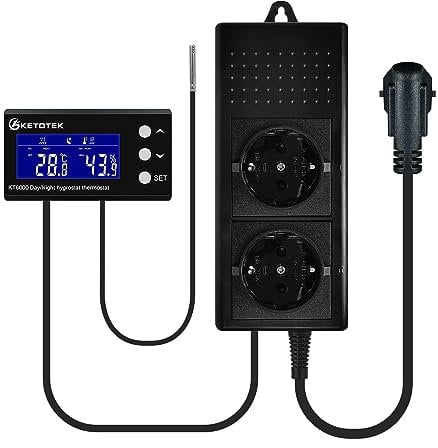 KETOTEK Enchufe con Higrostato Termostato con Sonda, Dia/Noche Controlador de Humedad y Temperatura Regulador Digital 220V con Temporizador para Terrario Reptil Invernadero Incubadora