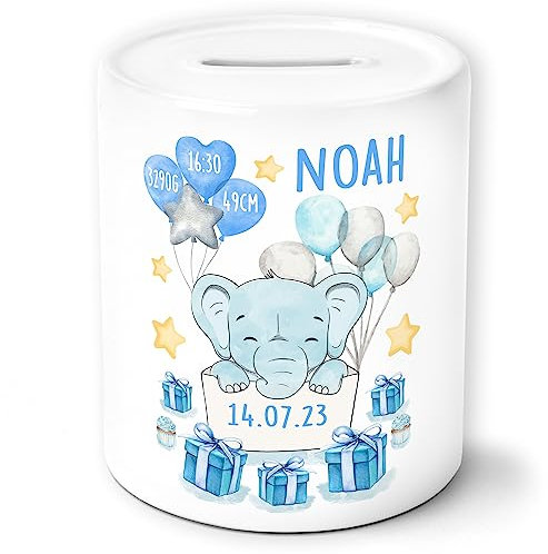 Spardose Geburt Junge personalisiert Geschenk mit Namen und eigenen Daten persönliches Geschenk Geschenkidee Baby Geburt Kind Taufe Sparschwein Sparbüchse (Weiß/Blau)