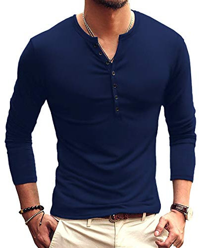 KUYIGO Mens Long Sleeve Henleys T-Shirts Buttons Placket Plain Cotton Shirts Cotton XXL Navy