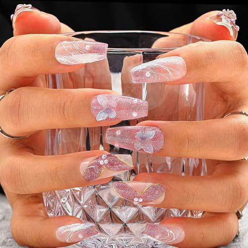 Sethexy Niedlicher Schmetterling Langer Sarg Falscher Nagel 3D Blumen Handgemacht Falsche Nägel Glitzer Perle Falsche Nägel Salon Dauerhafte Qualität Press on Nail für Frauen und Mädchen (T)
