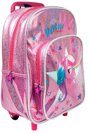 PERLETTI Sac a Dos Trolley pour Enfants – Cartable Primaire – Valise Cabine pour Fille – Grande Poche Avant – Sac a Dos Fille âgées de 3 à 6 Ans – Sac de Voyage Enfant – Licorne Rose