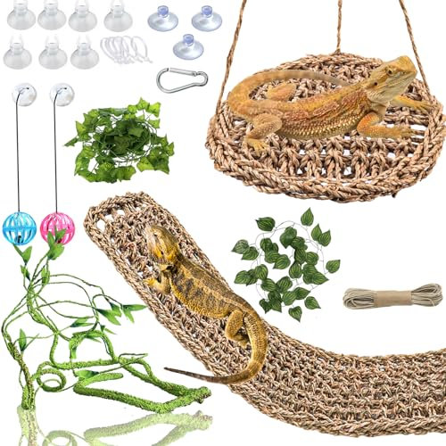 HERCOCCI Bartdrachen-Zubehör, Reptilien-Hängematte, natürliche Seegrasfaser, Lebensraum, Dekoration, flexible Reben, Terrarium, Spielzeug zum Klettern, für Anolen, Bartagamen, Eidechsen, Gecko