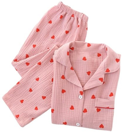 Pigiama da Donna con Risvolto, Motivo A Cuore Pesca Pigiama A Due Pezzi Set Casual in Cotone A Maniche Lunghe Pantaloni Morbidi Indumenti da Notte Pigiama Primavera Autunno Inverno,Rosa,S