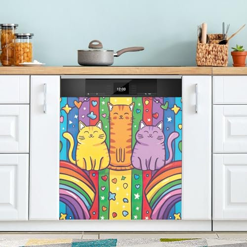 CHIFIGNO LGBT Pride Month Süße Katzen Herzen Geschirrspüler Magnetischer Aufkleber Dekorativer Kühlschrank-Magnet-Panel Aufkleber Niedliche Geschirrspüler Haustür Abdeckung 58,4 x 66 cm