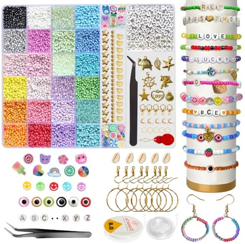 Clay beads Bracelet Making Kit, Friendship Bracelet Making Kits Flat Round Polymer Clay Bead Spacer Heishi Beads for Jewelry Earrings Making with Pendant Charms Kit for Girls Adults (Seed Beads)