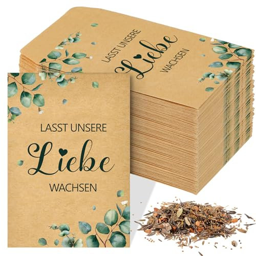 Faccito 100 Stück Blumensamen Geschenktüten Enthält Keine Samen Mini Kraftpapier Samen Tasche mit Eukalyptusmotiv für Gastgeschenke Hochzeit Kommunion Taufe Babydusche (Lasst Unsere Liebe Wachsen)