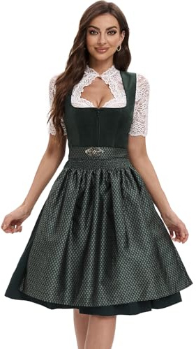 Goxozzy Dirndl Damen Midi Samt Trachtenrock mit Dirndlschürze für Oktoberfest Größen 34-44 Rocklänge 60cm Grün Rot Blau