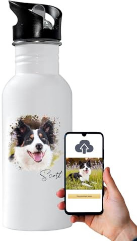 Personalised Pet Portrait Water Bottle Custom Dog Cat Gift from Photo - Metal 600ml Present for Kids and Adults - Spaniel, Dachshund, Any Breed