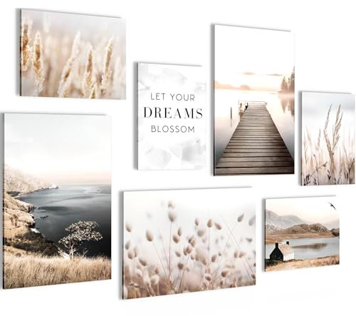 Novart Wandbilder Set Natur See Boho Beige - KEIN EXTRA RAHMEN BENÖTIGT - Modern Deko - Wohnzimmer Schlafzimmer Flur N029272a