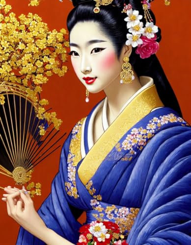 OuDeZjzhu Leinwandbild, Wandbild, schöne Geisha mit Fächer-Frisur mit Blumen, ohne Rahmen, 58 x 90 cm