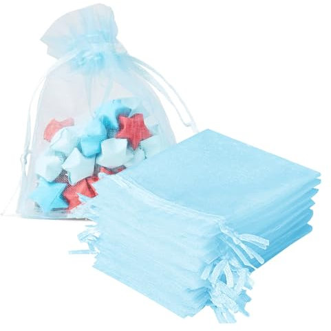 100 Stück Organzasäckchen 7x9cm, Organza Säckchen Bunt, Säckchen zum Befüllen, Organzabeutel mit Kordelzug für Schmuckbeutel, Hochzeit-Säckchen, Festivalparty (Hellblau)