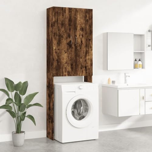 AUVYI Rangement toilettes Chêne fumé 64x25,5x190 cm Bois dérivé Armoire lave-linge 2 portes 3 compartiments Meuble salle de bain