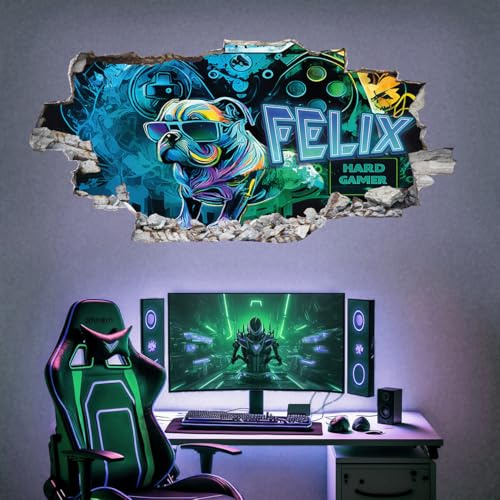 tjapalo® XP5 Gaming Wandtattoo 3D Kinderzimmer Jungen Bild Wandbild Mit Name Personalisiert Hard Gamer, Größen Name: B64xH37cm