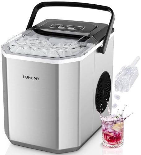 EUHOMY Eiswürfelmaschine, 9 Würfel in 6 Min, Bullet-Eismaschine, 2 Würfelgrößen, Edelstahl-Eismaschine für die Arbeitsplatte, 12 kg/Tag Eiswürfelbereiter, Silber, für Zuhause/Küche/Büro/Wohnmobil
