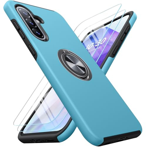 AOUIA für Samsung Galaxy A36 5G Hülle mit 2 Stück Panzerglas, 3-in-1 Set Schutzhülle, 360°Drehbarer Ring Kickstand, Anti-Fingerabdruck Militärstandard Stoßfest Handyhülle für Samsung A36, Himmelblau