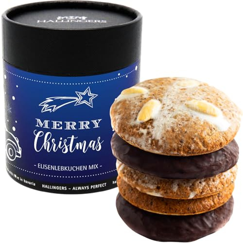 Hallingers Genuss Manufaktur Elisen-Lebkuchen Weihnachts-Geschenk - Mix 5 saftige Elisen-Lebkuchen hoher Kernanteil handmade in Geschenk-Dose Merry Christmas, Weihnachten für Frauen Männer