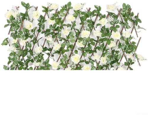 EpheyFIF Verstellbares Teleskop-Spalier aus Holz mit Seidenblumen – erweiterbarer Gartenzaun, Sichtschutz für Balkon, Hof, Fensterbank (40 cm, 5 Farben) (weiß)