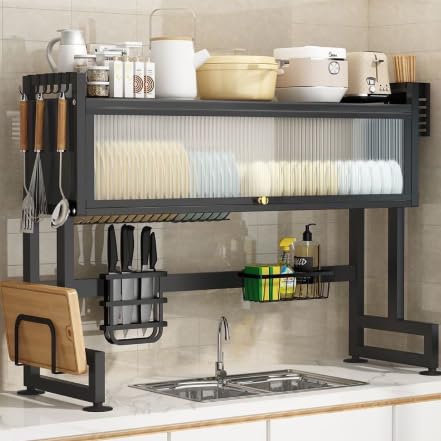 XDTIME Over The Sink Dish Drying Rack 3 Tier with Cover.Space-Saving Dish Drainer Organizer for Dishes, Glasses, Bowls & Cutlery.Tidy Kitchen Counter Storage Solution