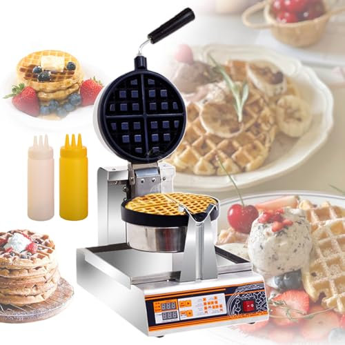 pealiritansemen 180° Rotating Waffle Iron Commercial | Round Waffle Maker 1200 W - Non-Stick Coating, Dual-Sided Heating, LED Display For Café/Restaurant/Home, With Squeeze Bottle