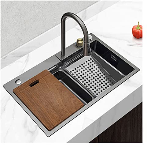 Fregadero de cocina moderno negro empotrable, fregadero de acero inoxidable 304 Nano Waterfall de un solo tazón con lavaplatos y grifo extraíble, fregaderos de servicio bajo encimera para un lavadero