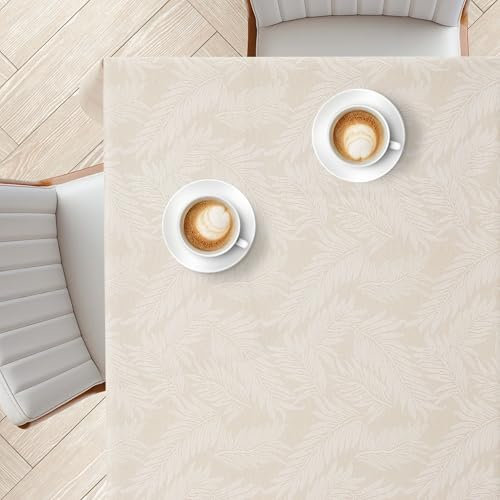 KP HOME Tischdecke Abwaschbar 200x140 cm, Rechteckig PVC Tischdecke, Pflegeleicht & Wasserfest, Beige Abwischbare Wachstuchtischdecke mit Leinenoptik – Für Innen- und Außenbereich, Weiße Farnblätter