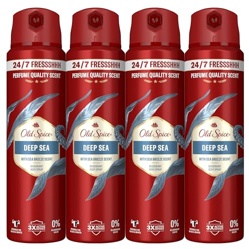 Old Spice Deep Sea Desodorante Spray para Hombre Sin Aluminio, 4x150ml | Frescura Durante 48 Horas, Protección Antimanchas Blancas y Amarillentas