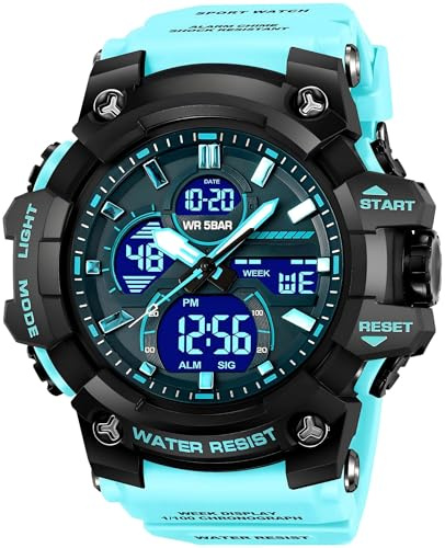 findtime Militäruhr für Herren Robuste Outdoor Digitale Analoge Sportuhren mit Doppelzeit Alarm 12/24H Datum Woche Anzeige Stoppuhr Weiß