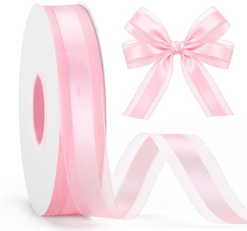 G2PLUS 25mm Baby Pink Organza Ribbon: 50 Yards Sheer Tulle Wrapping Ribbon | for Crafting, Gift Wrapping, Wedding Invitations, Bouquet, Christmas Tree Bows