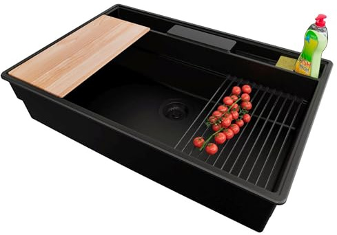 PRIMAGRAN Evier Cuisine en Granit au Meuble 80cm + Kit de Vidage, 78x53cm | Set: Kit de Vidage (Siphon, bonde d’évacuation, trop-plein) + Lavabo 1 Bac - New York, Tout Noir