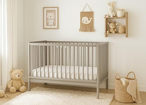 Baby Happy Bliss Kinderbett Babybett Julia 100x60 cm mit Matratze – Massivholz Buche – 3-Fach höhenverstellbar – 3 Schlupfsprossen – EN 716 konform (Taupe)