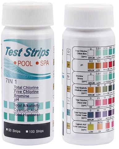 Pool Teststreifen, 100 Stück 7-in-1 Professionelles Tester zur Messung von Chlor, pH Wert, Cyanursäure, Brom, Gesamthärte&Gesamtalkalinität (B)