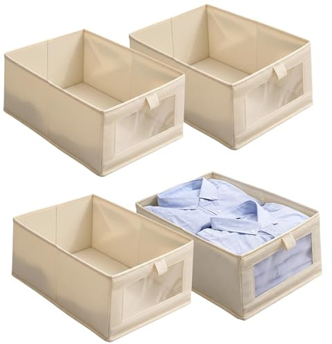 MFSKJELF Clothes Drawer Organiser with Clear Window | 4Pcs Wardrobe Storage Organiser Foldable, Clothes Fabric Storage Boxes Bin, For Underwear Jeans Pants Shirts Leggings Toy