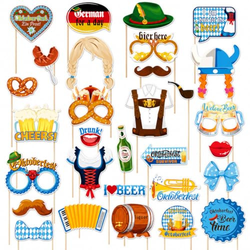 Ovanda Oktoberfest Foto Requisiten Set, 30 Stück Photobooth Props mit Bier, Hut, Brezel, Schnurrbart, Dirndl und Lederhose, Fotobox Zubehör für Wiesn Party, Bierfest, Geburtstag, JGA und Fotoecke