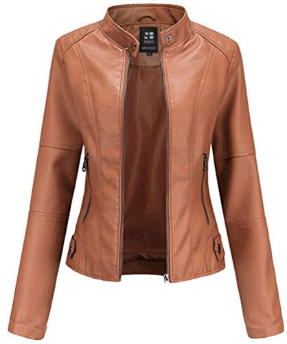 LucaSng Femme Blouson Faux Cuir PU Slim Fit Fine Col Montant Printemps Automne Manche Longue Élégant Veste Courte Blouson Biker à Fermeture Biker Veste Casual Faux Cuir (Chameau, L)