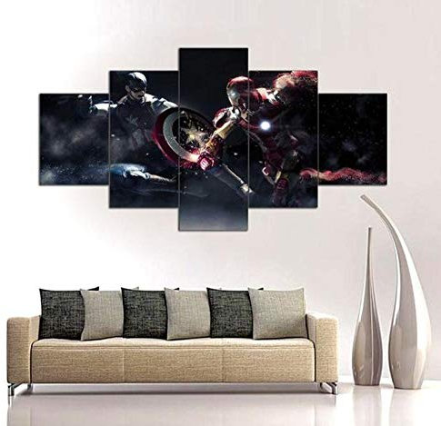 TOPRUN Wandbild 5 teilig Superhero Movie Iron Man Spider Man Hulk Buster Marvel Holz gerahmt 200 X 100 cm XXL Format Wandbilder Wohnzimmer Wohnung Deko Kunstdrucke Wanddekoration Design Bilder