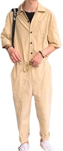 Suncolour Mens Lapel Boilersuit Coverall,Long Sleeve Overall Work Wear Boiler Suit Drawstring Coveralls Button Workwear with Pockets