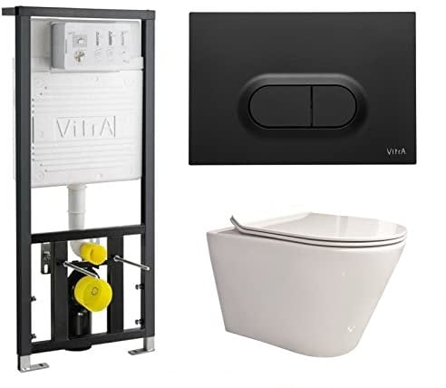 Vitra Concealed Wc Frame 1.10-1.27 with Matt Black Flush Plate and Modern Rimless Compact Wall Hung Toilet Slim Seat
