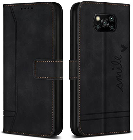 Bravoday Étui pour Xiaomi Poco X3 / Xiaomi Poco X3 Pro/Xiaomi Poco X3 NFC, étui à Rabat en Cuir synthétique avec Compartiment pour Cartes et Support Noir