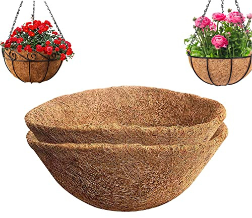 YUNSTK 2 Pcs Hanging Basket Liners 14 inch, Round Planter Liner Coco Fiber Replacement Liner, Natural Coconut Fibres Trough Liners for Hanging Baskets at Indoor Outdoor Garden Porch and Balcony