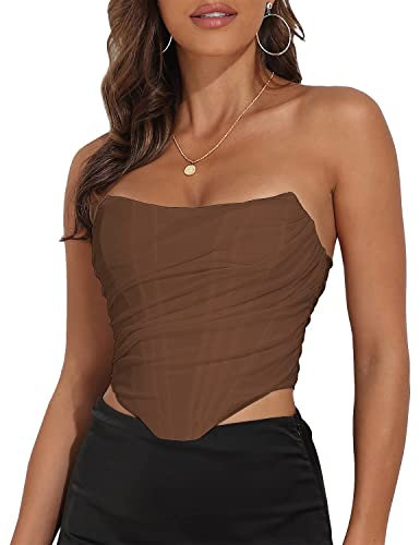 Damen-Korsett im Vintage-Stil, trägerlos, offener Rücken, Netzstoff, Reißverschluss hinten, Korsett, Bodyshaper, bauchfreies Top, Schokolade, 00-0