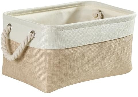 Mangata Large Storage Boxes, Fabric Storage Baskets with Rope Handles for Cupboards, Shelves, Wardrobe, Toys, Clothes (Foldable, Light Khaki White)