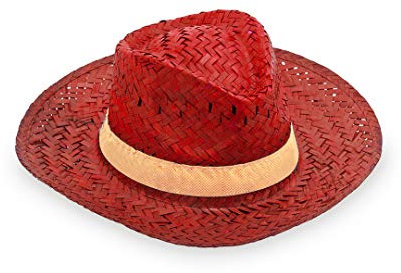 Pack de 10 Sombrero de paja personalizados - Sombrero de paja tintado en rojo, con cinta personalizada, ideal para fiestas, eventos deportivos y culturales, romerías (Rojo)