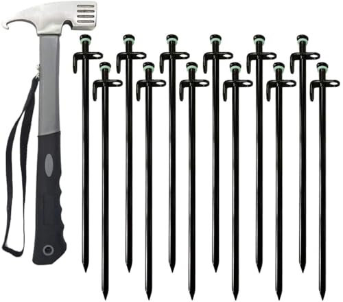 Zeltheringe und Camping-Hammer,12 Stück, 30 cm, strapazierfähig, geschmiedeter Stahl, robuster Campinghammer (grau) + Aufbewahrungstasche, erhältlich in Rocky Place, Dessert, Snowfield und Grasland