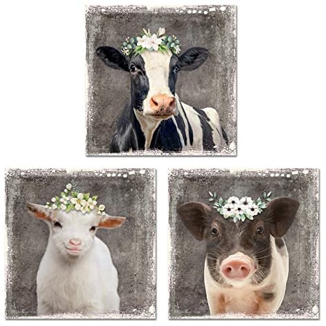 Artsbay Leinwandbild, Bauernhoftiere, Kuh, Schwein, Schaf, Gemälde, Bild, Vintage, Bauernhaus-Dekoration für Küche, 30,5 x 30,5 cm, 3 Stück