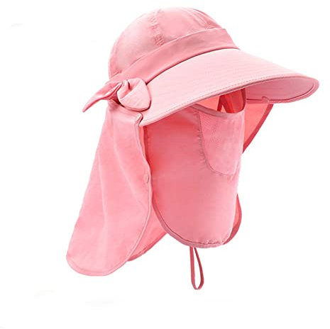 VanderHOME Sonnenhut mit Nackenschutz Faltbar UV Schutz Cap Damen Sommer Outdoor Atmungsaktiv Breite Krempe Hut Damen mit Abnehmbarer Maske und Schleife, Rosa