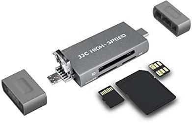 JJC SD NM Kartenleser aus Metall, 3-in-1 USB 3.0 Micro USB 2.0 Type-C 3.0 mit 3 Kartensteckplätzen Speicherkartenleser für SD SDHC SDXC Micro SD Micro SDHC Micro SDXC NM Nano Speicherkarten (Grau)