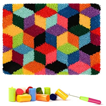 ROCKY&CHAO Knüpfhaken-Kits für Erwachsene, DIY Knüpfhaken-Geometrie-Teppich-Set, Heimteppich-Set, Kreuzstich, Stickerei-Kits, Handarbeit, Teppich für Heimdekoration, Geometrie, 50 x 38 cm
