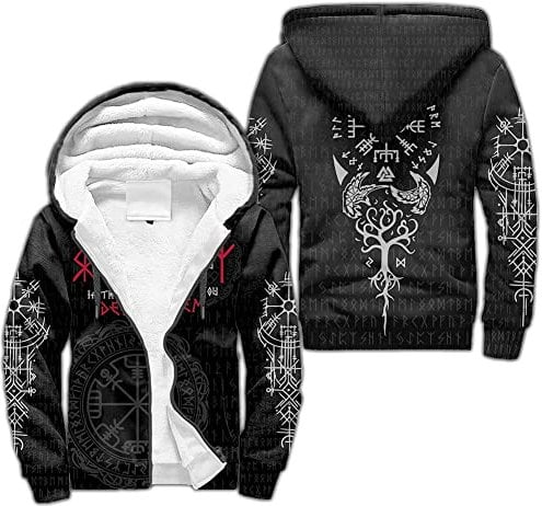 WDBAYXH Nordische Mythologie Thors Hammer Zipped Fleece Hoodie, Viking Winter Warme Sweatshirt 3D Allover Bedrucktes Hoody Streetwear, Casual Kapuze Sweatjacke Pullover,Runes,XXL